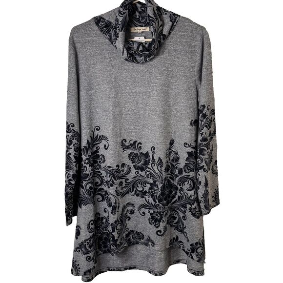 NWT Indigo Soul Floral Scroll Print Cowl Neck Grey Tunic Womens L Stretch Hi-Lo - Picture 1 of 16